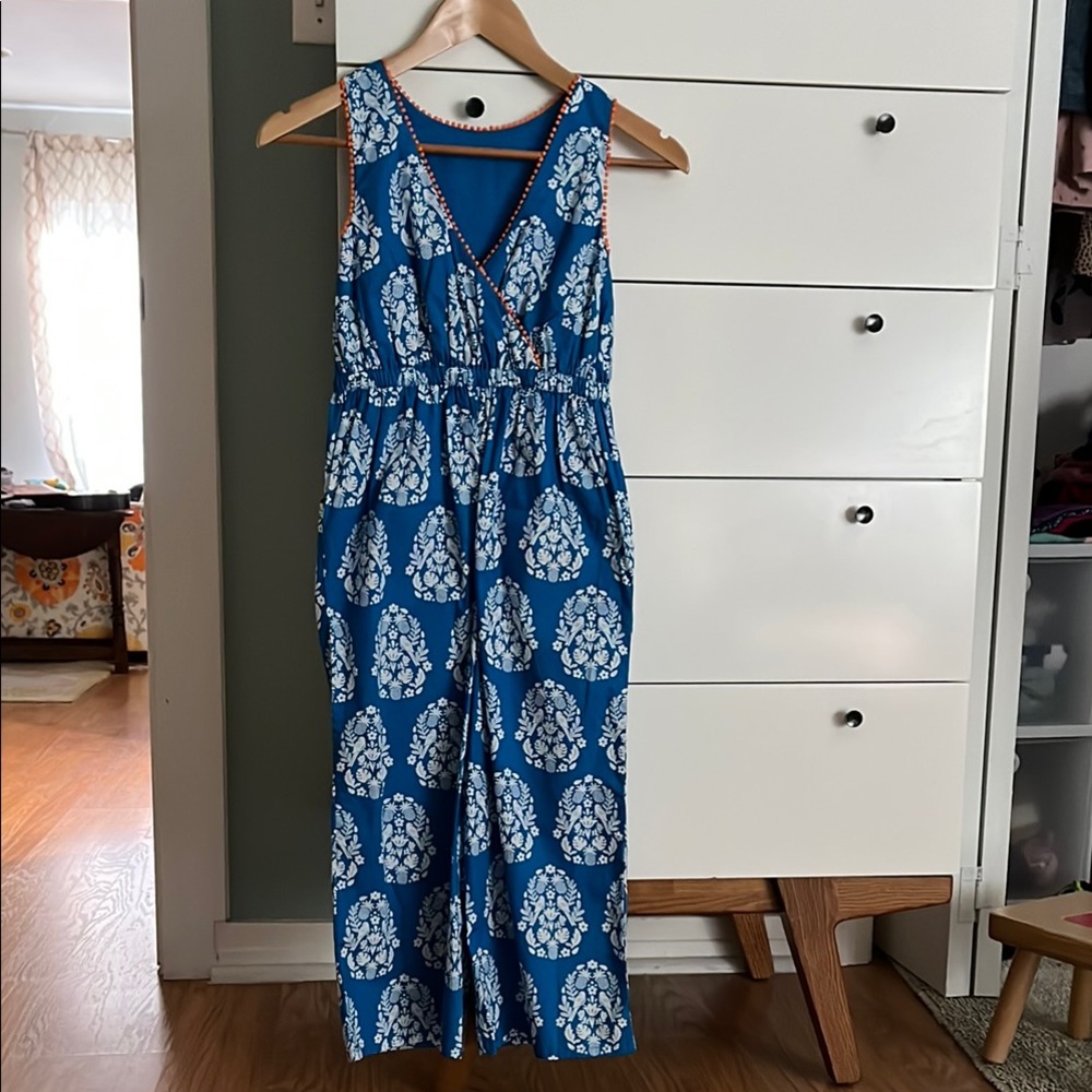 Mini Boden- Blue and White Sleeveless crossback Jumpsuit size 8-9